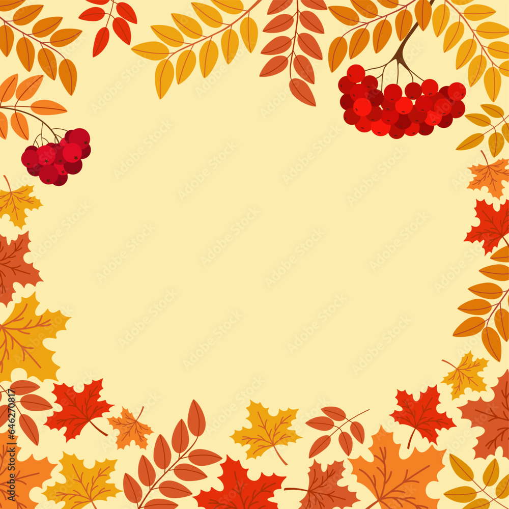 Autumn background with orange, yellow maple leaves and branches of ripe red rowan. Hand drawn vector illustration isolated on light background. Modern flat cartoon style.