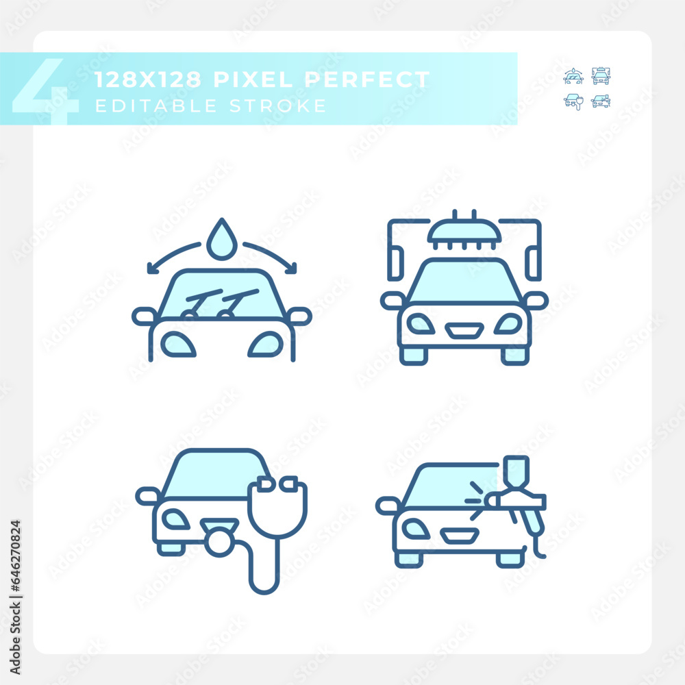 Pixel perfect blue icons set representing car repair and service, editable thin linear illustration.