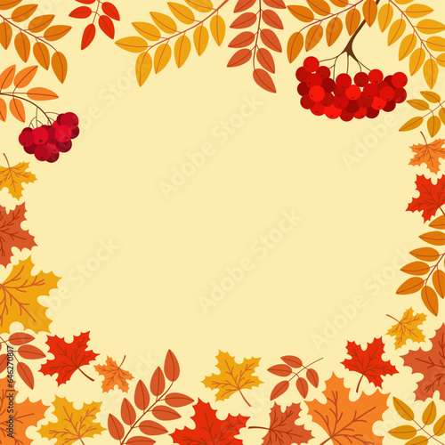 Autumn background with orange  yellow maple leaves and branches of ripe red rowan. Hand drawn vector illustration isolated on light background. Modern flat cartoon style.
