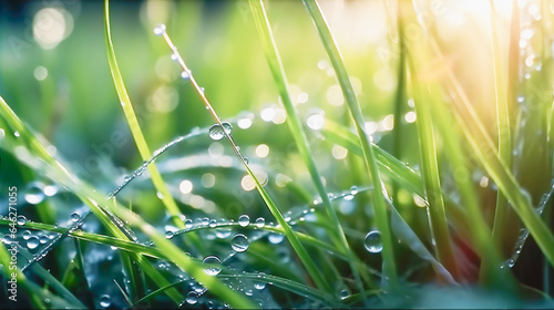 Fresh morning dew on spring grass, natural background.