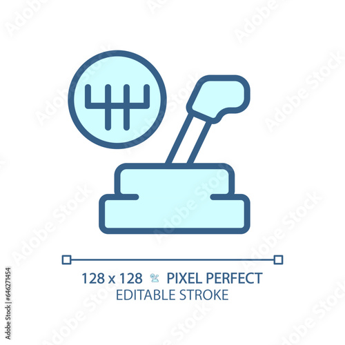 2D pixel perfect editable blue car gear lever icon, isolated vector, thin line illustration representing car service and repair.