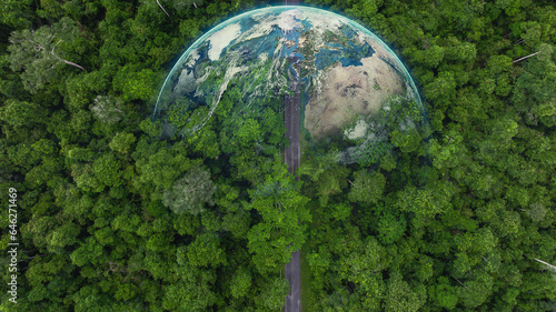 Aerial top view globe planet with asphalt road forest in asian tropical rainforest green forest tree, Tropical jungle forest in Southeast Asia, Green planet in your hands, Save Earth.