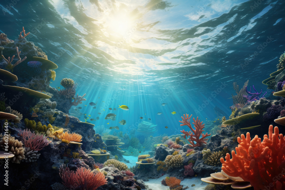 Fototapeta premium Underwater with colorful sea life fishes and plant at seabed background, Colorful Coral reef landscape in the deep of ocean. Marine life concept, Underwater world scene.