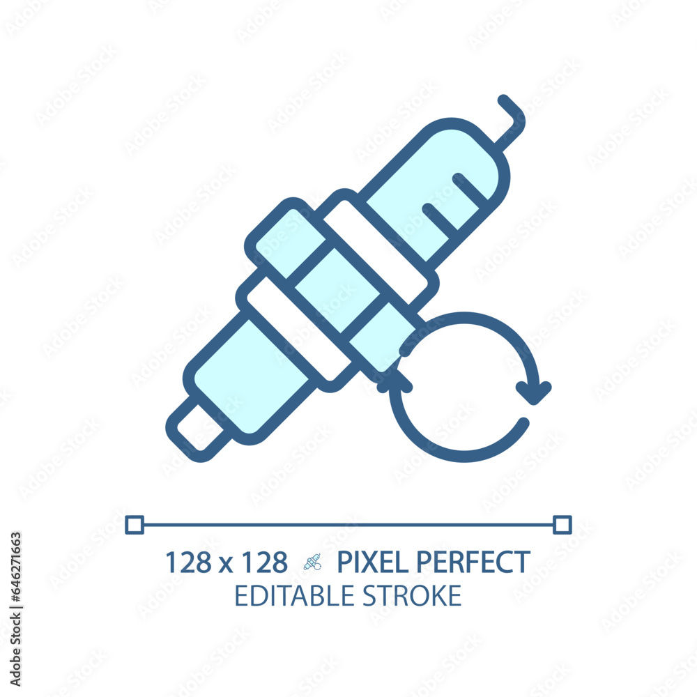 2D pixel perfect editable blue car spark plug icon, isolated vector, thin line illustration representing car service and repair. 2D pixel perfect editable blue car spark plug icon, isolated vector, thin line illustration representing car service and repair.