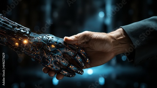 The image depicts a robot hand reaching out towards a human hand  effectively illustrating the concept of collaboration and partnership between artificial intelligence and humans.