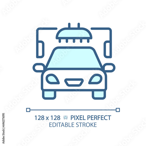 2D pixel perfect editable blue car wash icon, isolated vector, thin line illustration representing car service and repair.