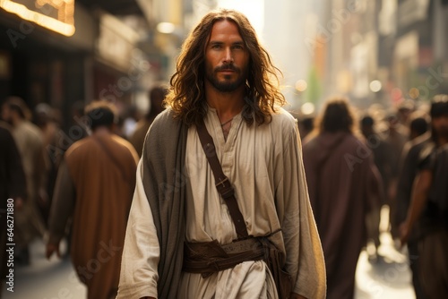 Jesus Christ walking in city street