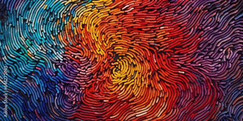 A fingerprint abstraction with a kaleidoscope of colors and triangular patterns  representing the diversity of human identity.