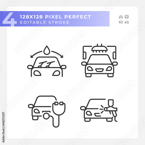 Pixel perfect black icons set representing car repair and service, editable thin linear illustration.