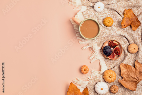 Autumn background with pumpkins, fall leaves and plaid cover in natural pastel colors.  Seasonal holidays background with copy space