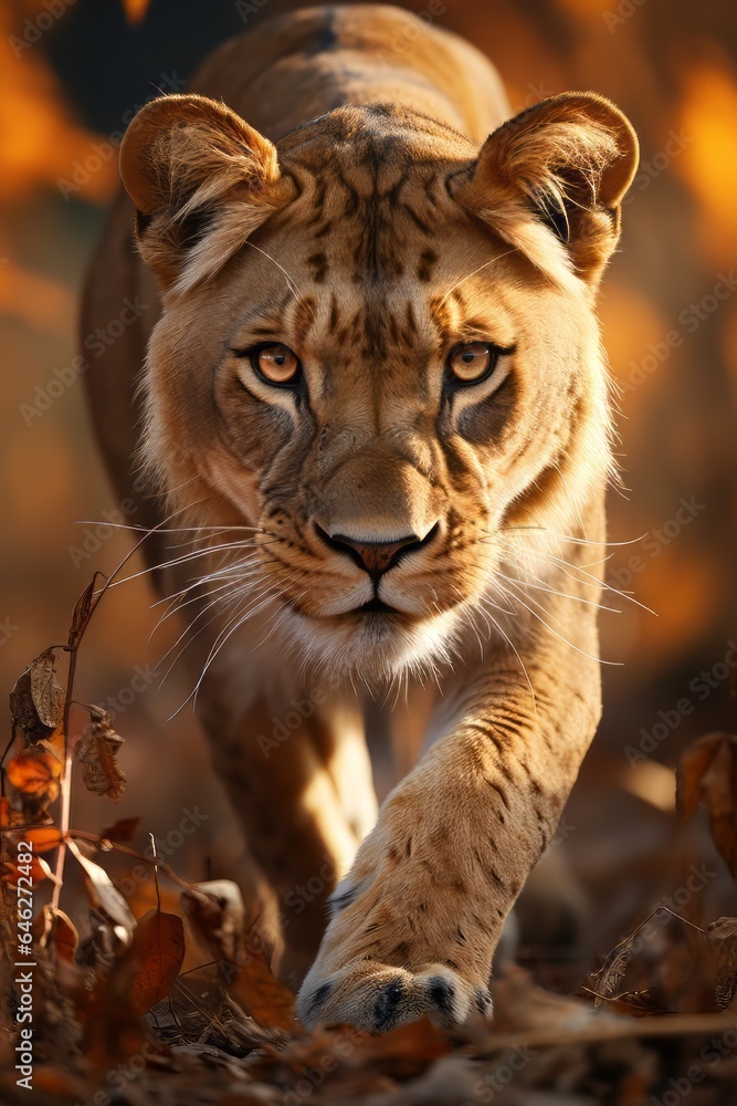 Naklejka premium In the heart of the African wilderness, a fierce lioness gracefully strides through the tall grass, her sleek and tawny form blending seamlessly with her surroundings.