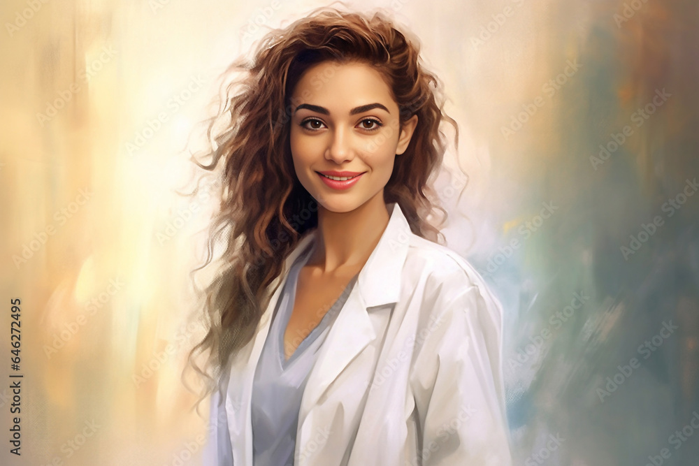 In this illusionary artwork, a hyper-realistic scientist with dark brown hair and a lab coat gazes at the camera against a captivating background. In this illusionary artwork, a hyper-realistic scientist with dark brown hair and a lab coat gazes at the camera against a captivating background.