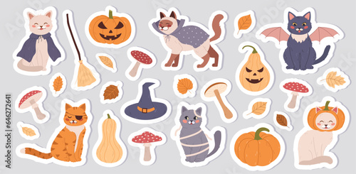 Fototapeta Naklejka Na Ścianę i Meble -  A set of stickers with cats, pumpkins, mushrooms for halloween