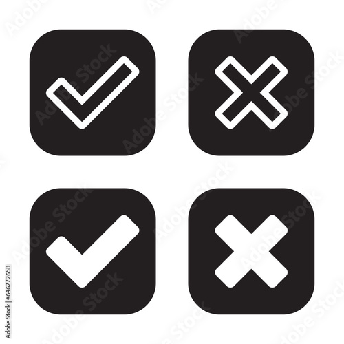 Check mark and x cross icon vector in black square
