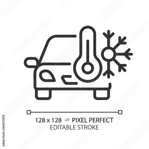 2D pixel perfect editable black car air conditioner icon, isolated vector, thin line simple illustration representing car service and repair.