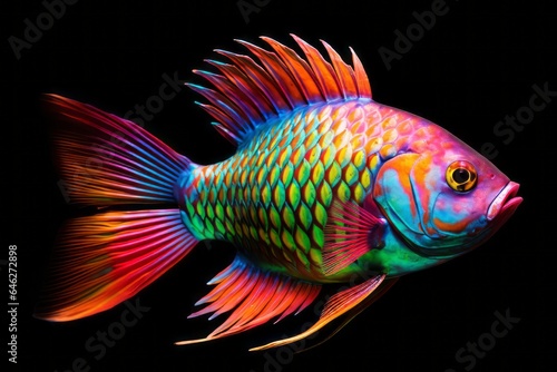 A vibrant fish with iridescent scales, displaying a spectrum of colors from pink to green on its body.