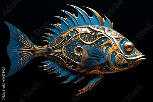 A fish-shaped fractal, with intricate patterns spiraling into its body, symbolizing the complexity of aquatic ecosystems.