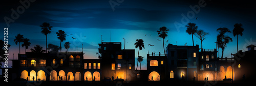 Captivating silhouette of a grand colonial-era Ivorian building with elegant arches and balconies, outlined against a mysterious dark blue night sky. photo