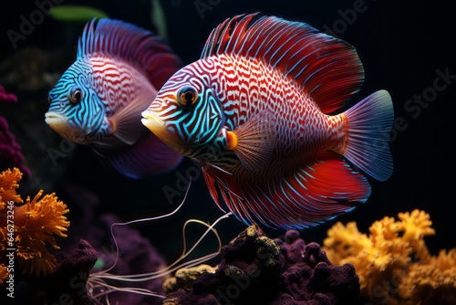 A pair of colorful discus fish in an aquarium, their circular bodies displaying striking patterns. © Natalia