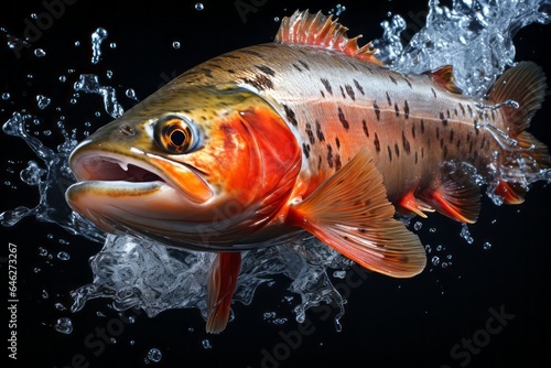 A rainbow trout leaping out of the water  its scales glistening in the sunlight.