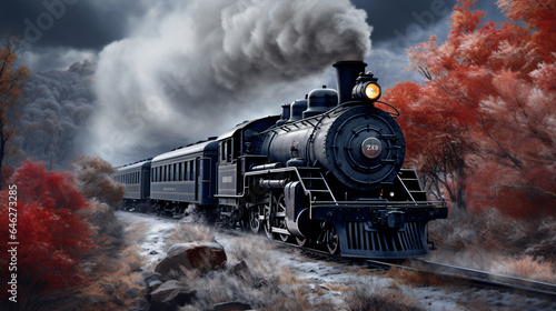 Steam train with winter leaves