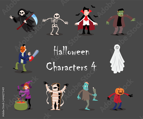 Halloween cartoon characters . Gray isolate background . Vector . Set 4 of 4 .