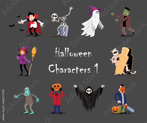 Halloween cartoon characters . Gray isolate background . Vector . Set 1 of 4 .