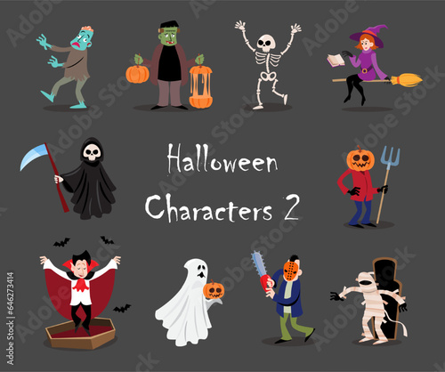 Halloween cartoon characters . Gray isolate background . Vector . Set 2 of 4 .