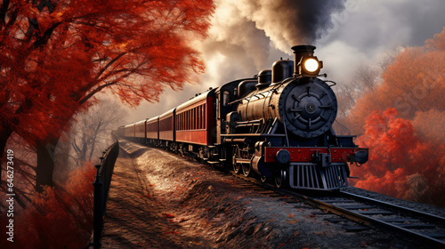 Steam train with winter leaves