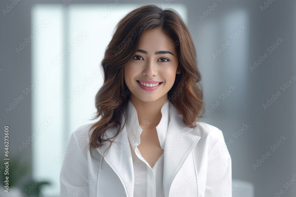 Photo hyper realistic scientist with dark brown hair wearing lab coat looking at camera on some effect background. Generative AI. Photo hyper realistic scientist with dark brown hair wearing lab coat looking at camera on some effect background. Generative AI.