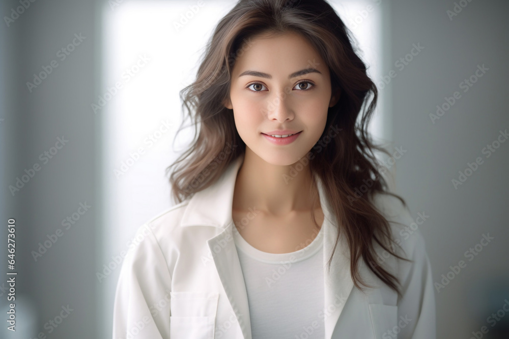 Photo hyper realistic scientist with dark brown hair wearing lab coat looking at camera on some effect background. Generative AI. Photo hyper realistic scientist with dark brown hair wearing lab coat looking at camera on some effect background. Generative AI.