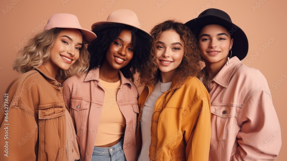 Vibrant young women posing joyfully in a studio. Generative AI Vibrant young women posing joyfully in a studio. Generative AI