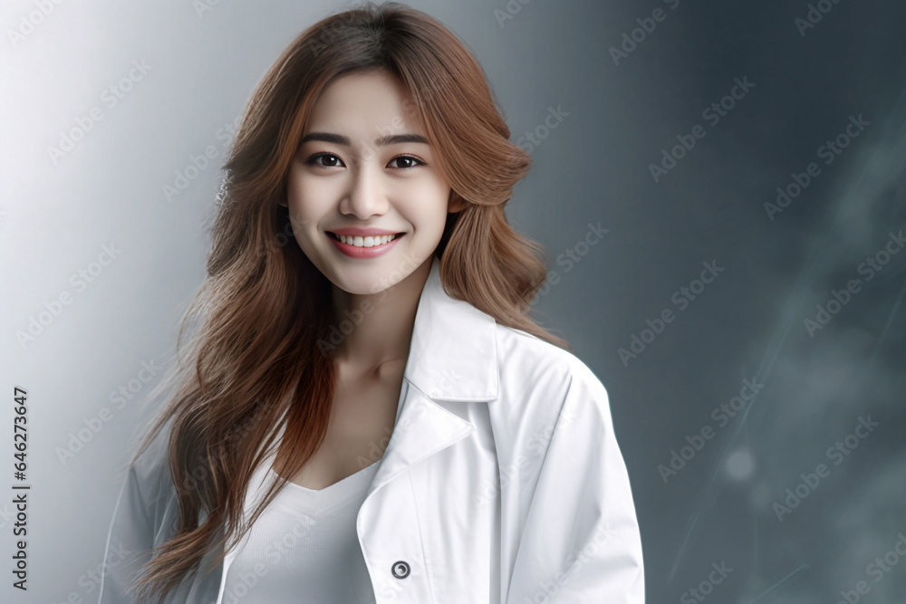 Photo hyper realistic scientist with dark brown hair wearing lab coat looking at camera on some effect background. Generative AI. Photo hyper realistic scientist with dark brown hair wearing lab coat looking at camera on some effect background. Generative AI.