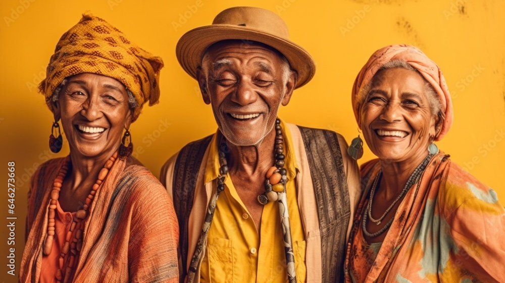 Elderly men and women, vibrant clothing, joyful posing against studio backdrop. Generative AI Elderly men and women, vibrant clothing, joyful posing against studio backdrop. Generative AI