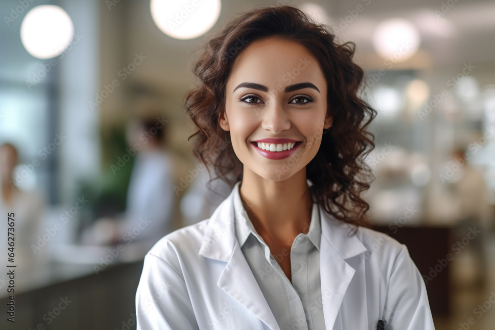Photo hyper realistic scientist with dark brown hair wearing lab coat looking at camera on some effect background. Generative AI. Photo hyper realistic scientist with dark brown hair wearing lab coat looking at camera on some effect background. Generative AI.