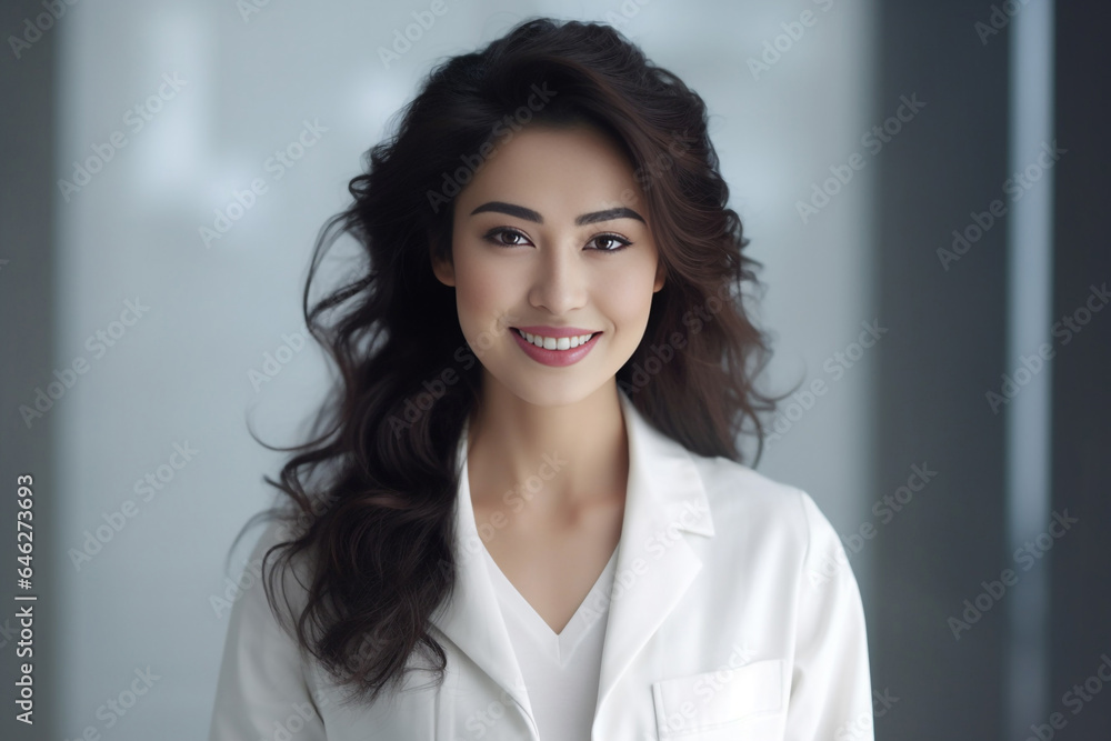 Photo hyper realistic scientist with dark brown hair wearing lab coat looking at camera on some effect background. Generative AI. Photo hyper realistic scientist with dark brown hair wearing lab coat looking at camera on some effect background. Generative AI.