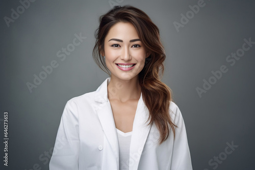 Photo hyper realistic scientist with dark brown hair wearing lab coat looking at camera on some effect background. Generative AI.