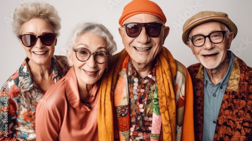 Elderly men and women  vibrant clothing  joyful posing against studio backdrop. Generative AI