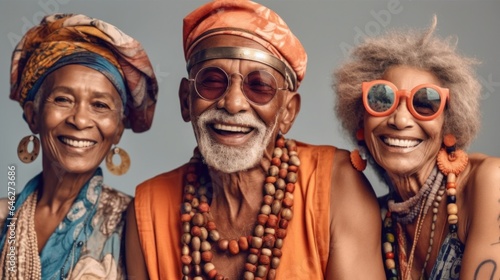Group of senior citizens, colorful outfits, studio joy. Generative AI