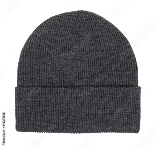 Gray knitted bobble hat flat lay isolated on white background