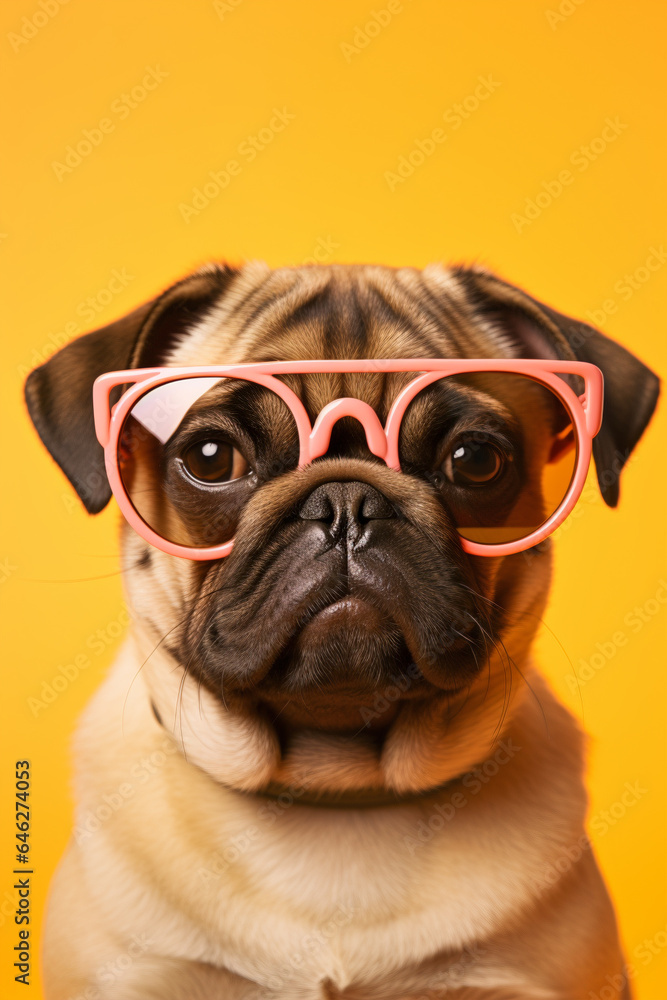 Pug dog with pink sunglasses on yellow background