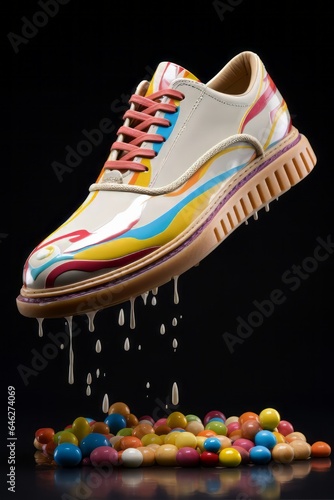 A close-up view of a well-worn sneaker sole with a pink wad of gum stuck to it, stretching as the shoe is lifted.