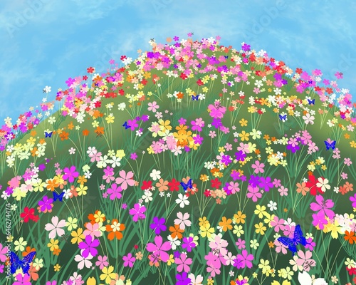 On a clear day with a mountain of flowers