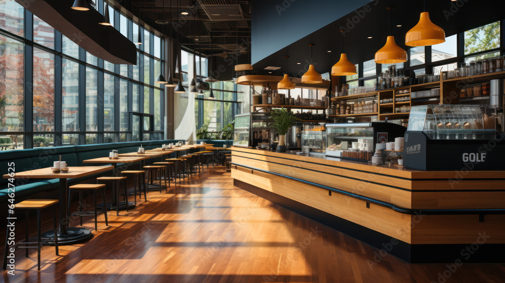 Cozy cafe interior with sofas and tables for quick lunch, angle view, panorama, copy space