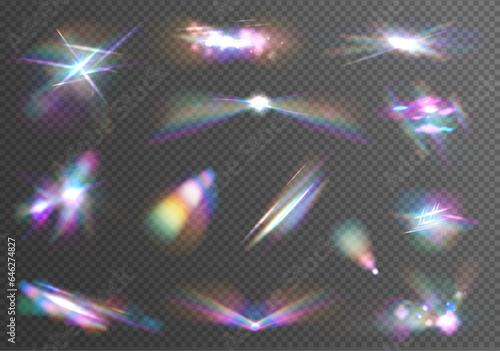 Abstract refraction glow effect on black background. Set of colorful vector lenses and light flares with transparent effects. Transparent refraction elements. 	