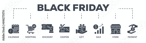 Black friday banner web icon glyph silhouette with icon of calendar, shopping, discount, coupon, gift, sale, store, payment