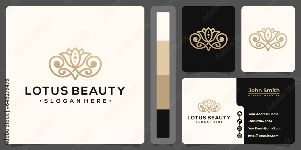 Lotus beauty monoline logo luxury with business card template