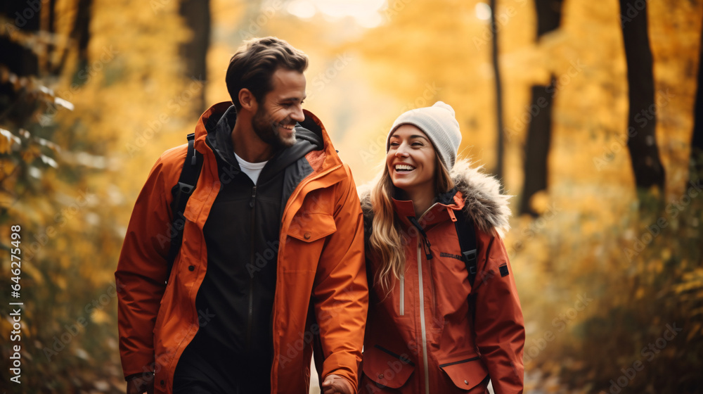  Happy couple hiking in autumn forest 