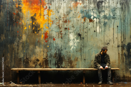 Captivating man on bench, against raw primitive-styled hand-painted backdrop with soft rainfall creating an evocative atmosphere.