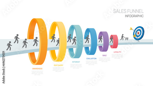 Infographic Sales funnel diagram template for business. Timeline 6 step arrows level, marketing data, presentation vector infographics.
